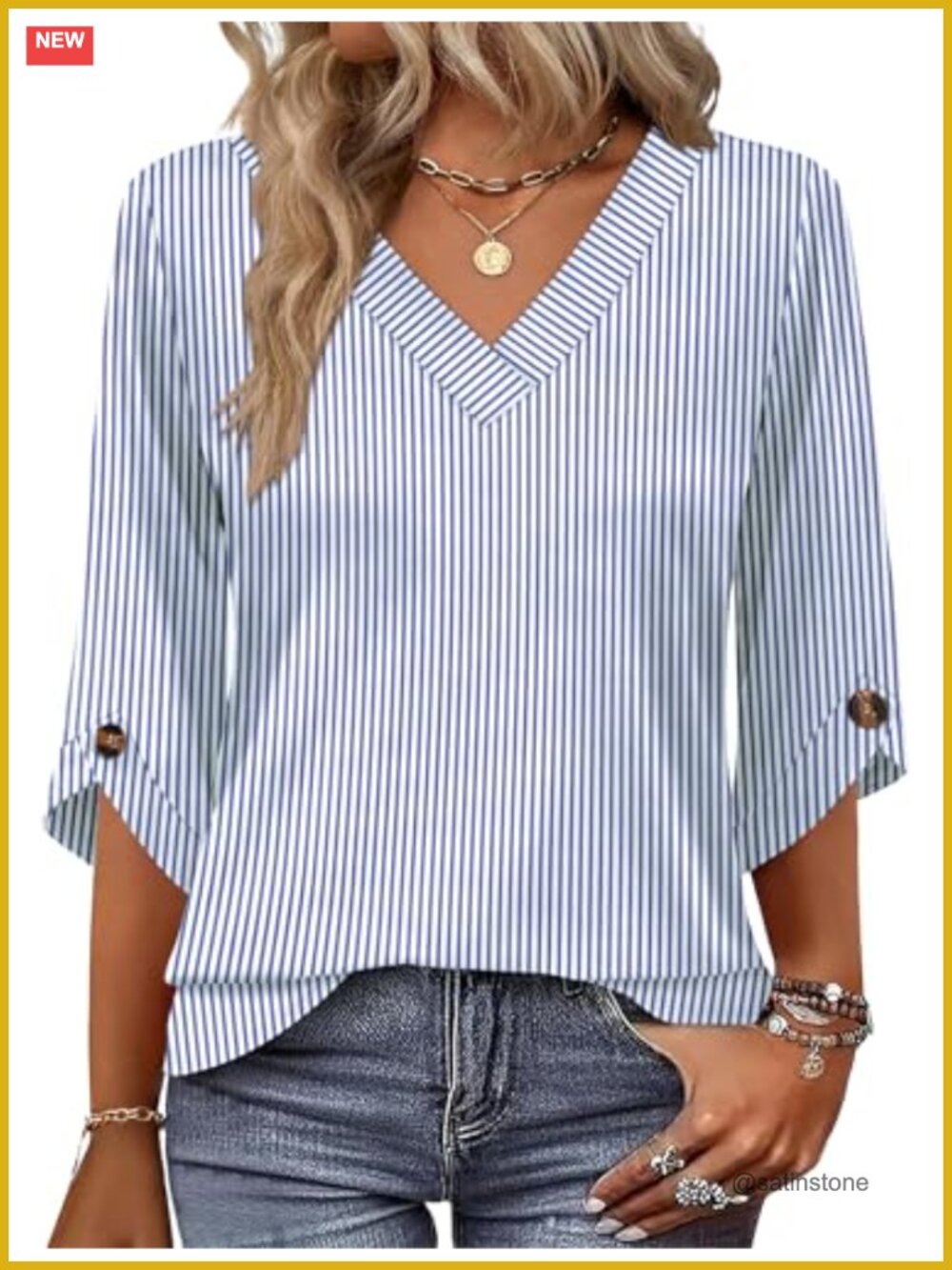 Womens 3/4 Sleeve V-Neck Blouse Loose Fit Dressy Casual Top